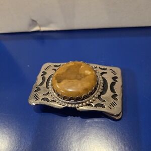 Southwestern Yellow Amber Stone Silver Stamped Belt Buckle Scalloped Edge